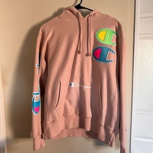 Beige Pink Champion Hoodie with Neon Decorations